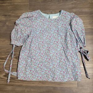 Hyacinth House Tuckernuck Light Blue Floral Puff-Sleeve Blouse Size M Tie Cuffs